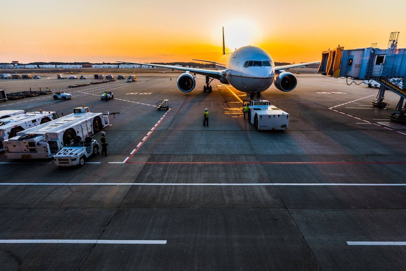 Aircraft on the apron at sunset